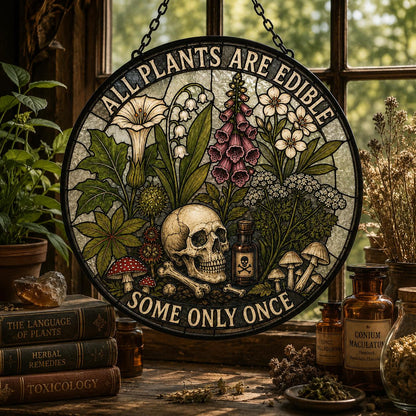 All Plants Are Edible Stained Glass Suncatcher | Funny Gothic Botanical Window Hanging | Dark Humor Plant Lover Gift | Mushroom Skull Decor - product image 4