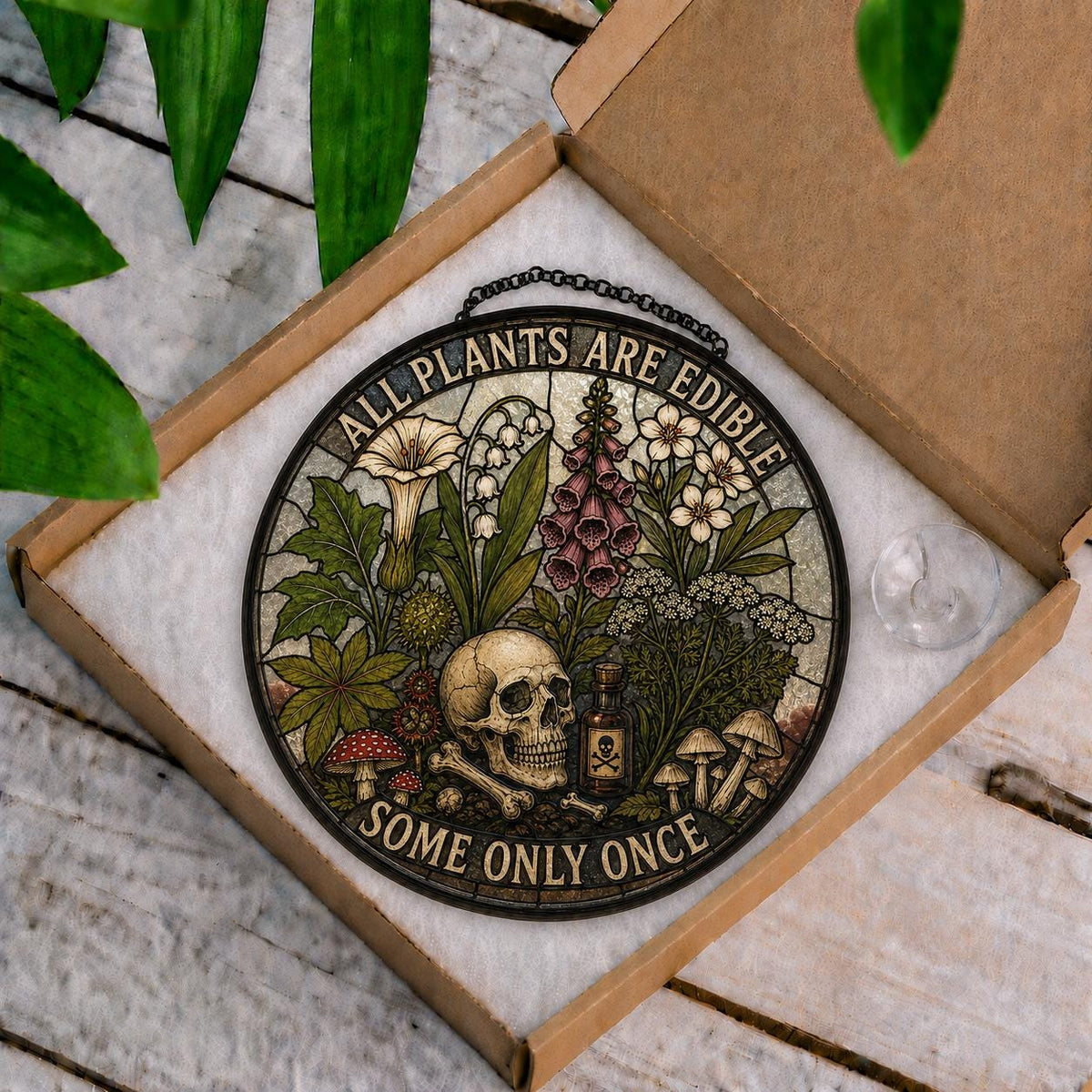 All Plants Are Edible Stained Glass Suncatcher | Funny Gothic Botanical Window Hanging | Dark Humor Plant Lover Gift | Mushroom Skull Decor - product image 3