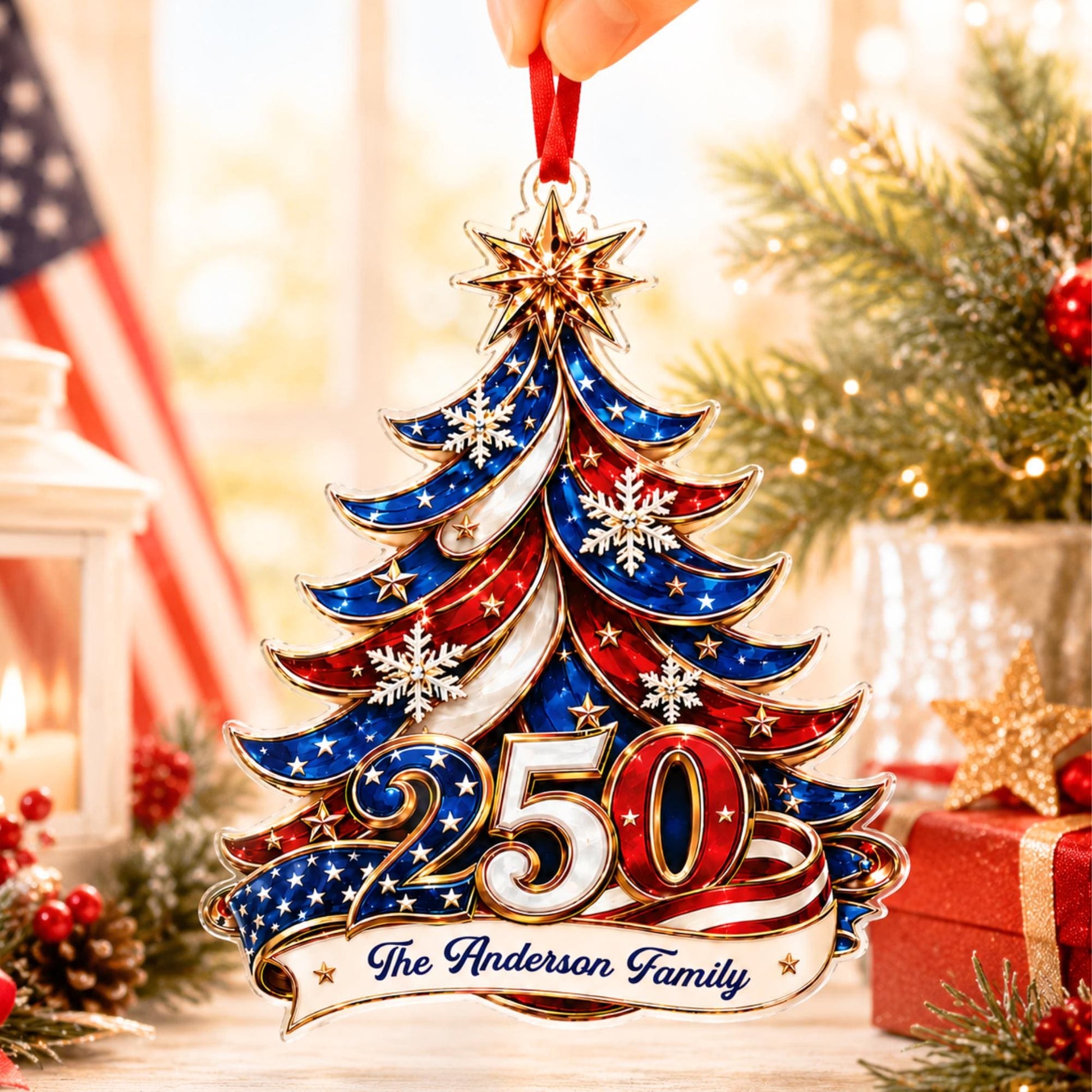 Personalized 250th America Christmas Ornament | Patriotic Family Ornament, USA Flag Ornament, Custom Family Name, Acrylic Christmas Decor - product image 4