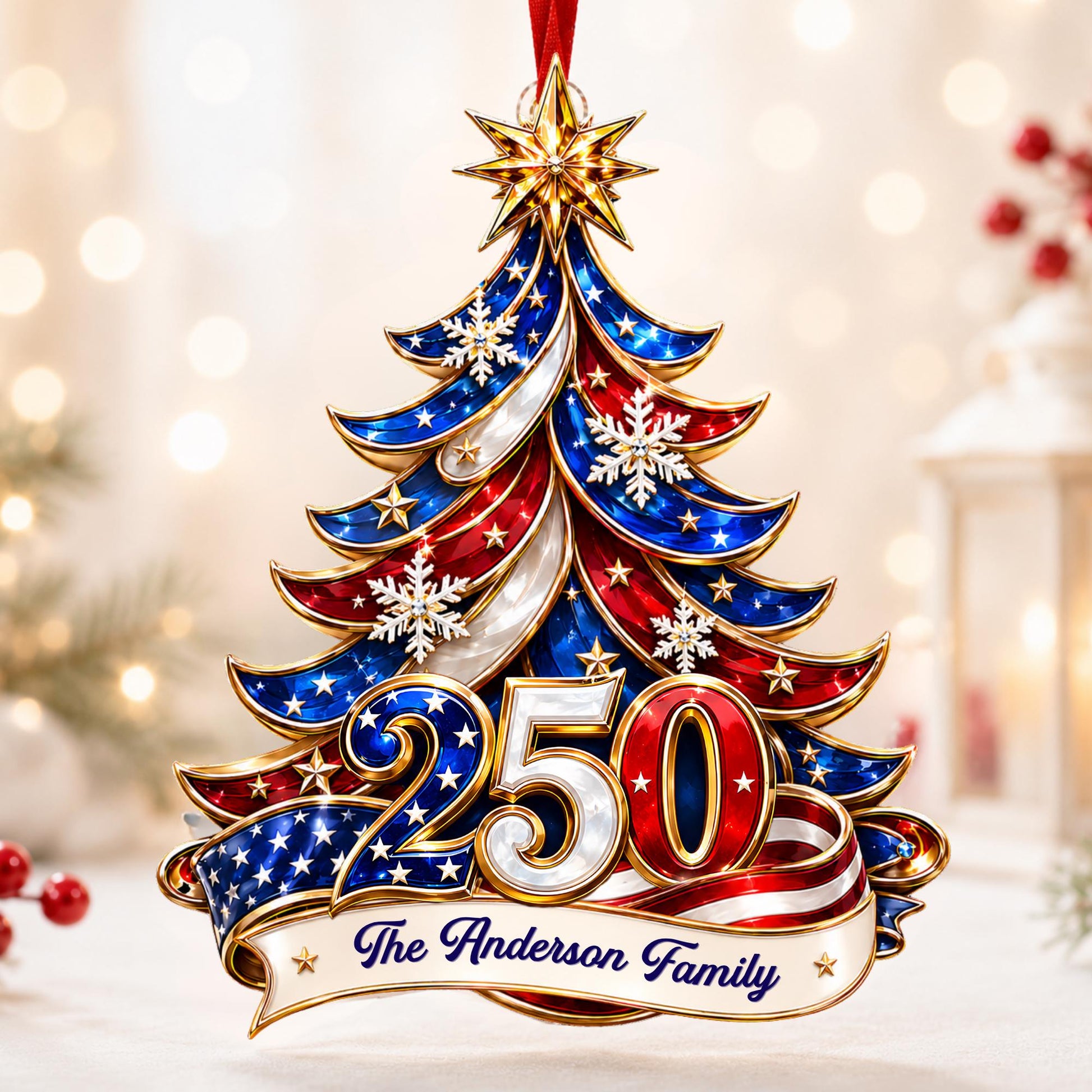Personalized 250th America Christmas Ornament | Patriotic Family Ornament, USA Flag Ornament, Custom Family Name, Acrylic Christmas Decor - product image 2