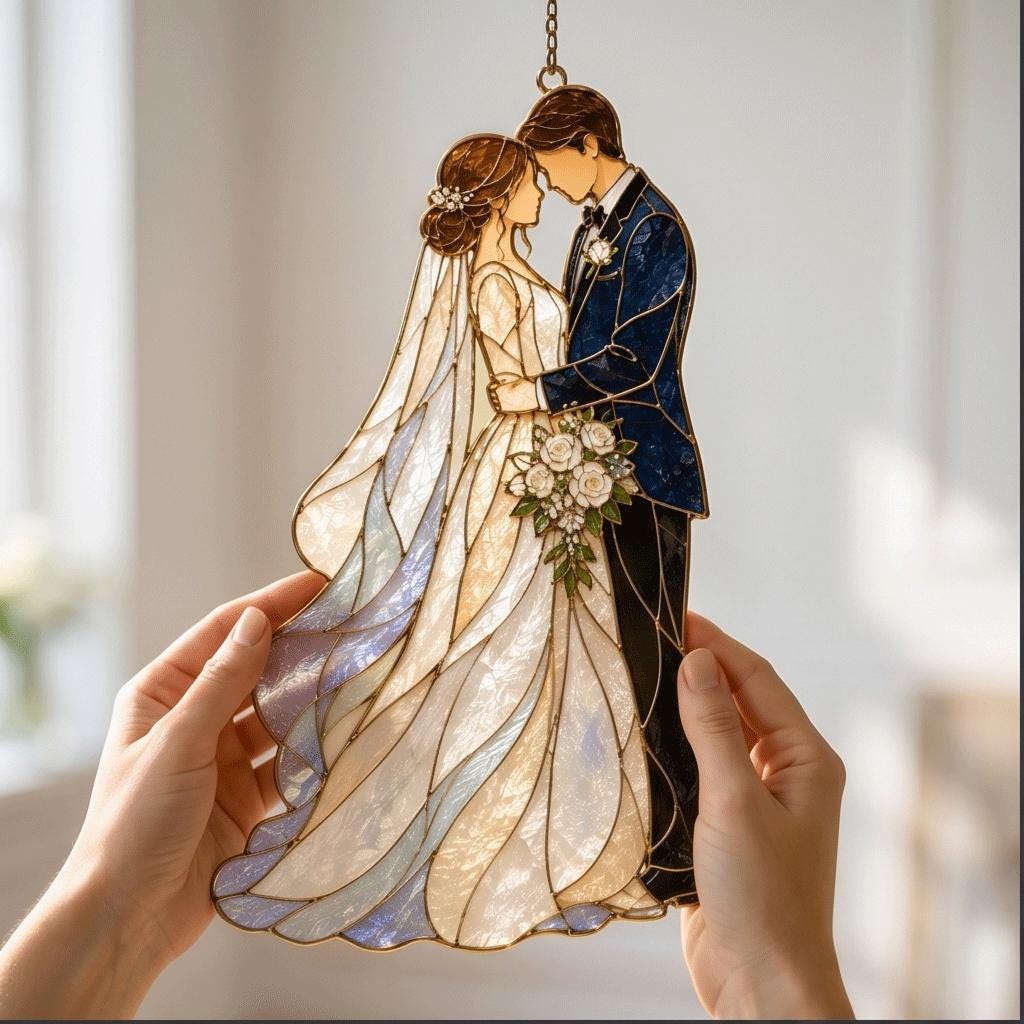 Personalized Wedding Couple Glass Suncatcher, Bride and Groom Window Hanging, Romantic Stained Glass Wedding Gift Decor - product image 5