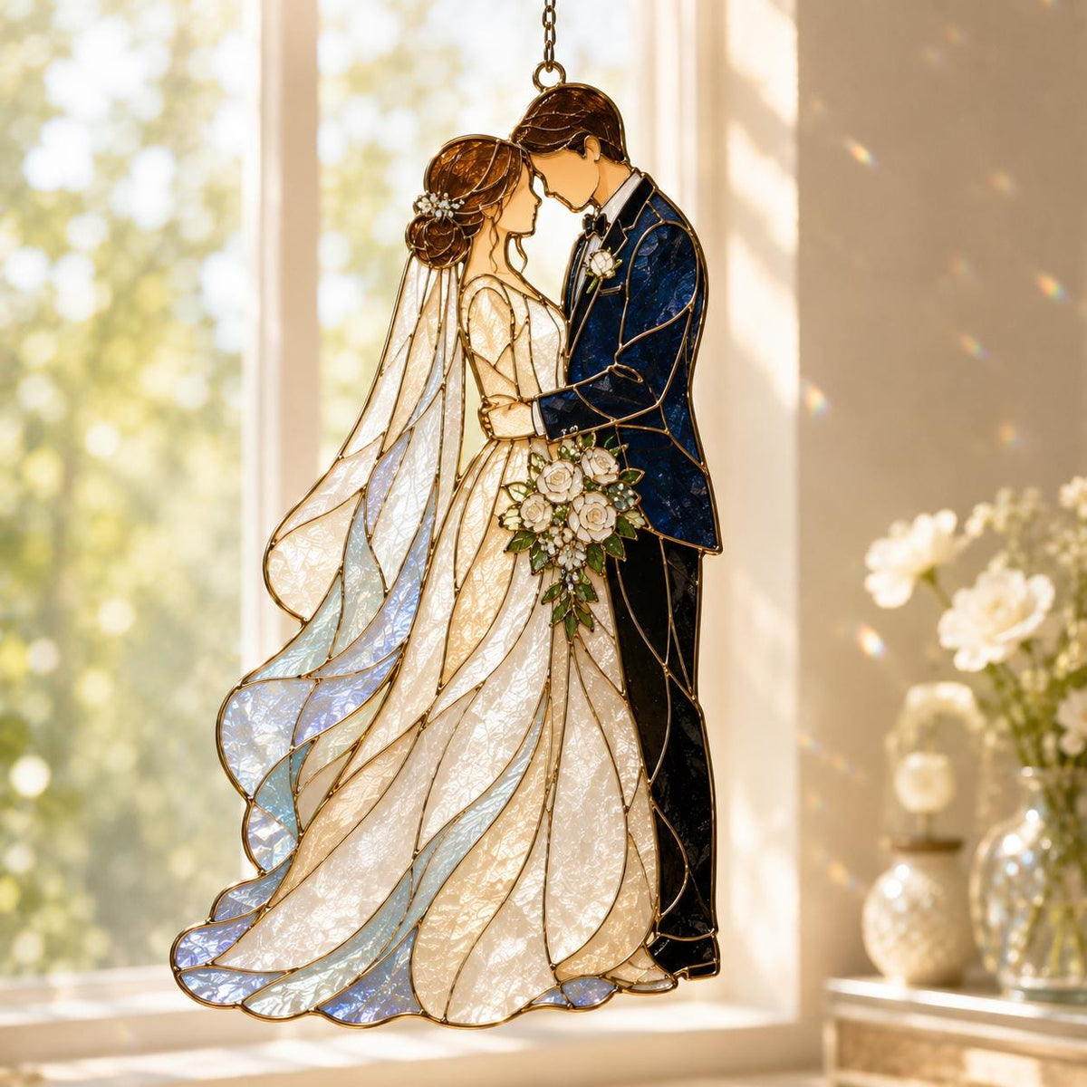 Personalized Wedding Couple Glass Suncatcher, Bride and Groom Window Hanging, Romantic Stained Glass Wedding Gift Decor - main product image
