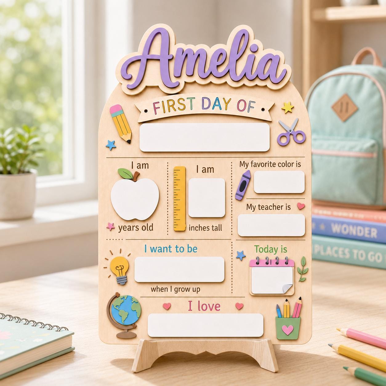 Personalised Pastel Rainbow First Day School Board: Reusable Back to School Wooden Acrylic Sign - product image 6