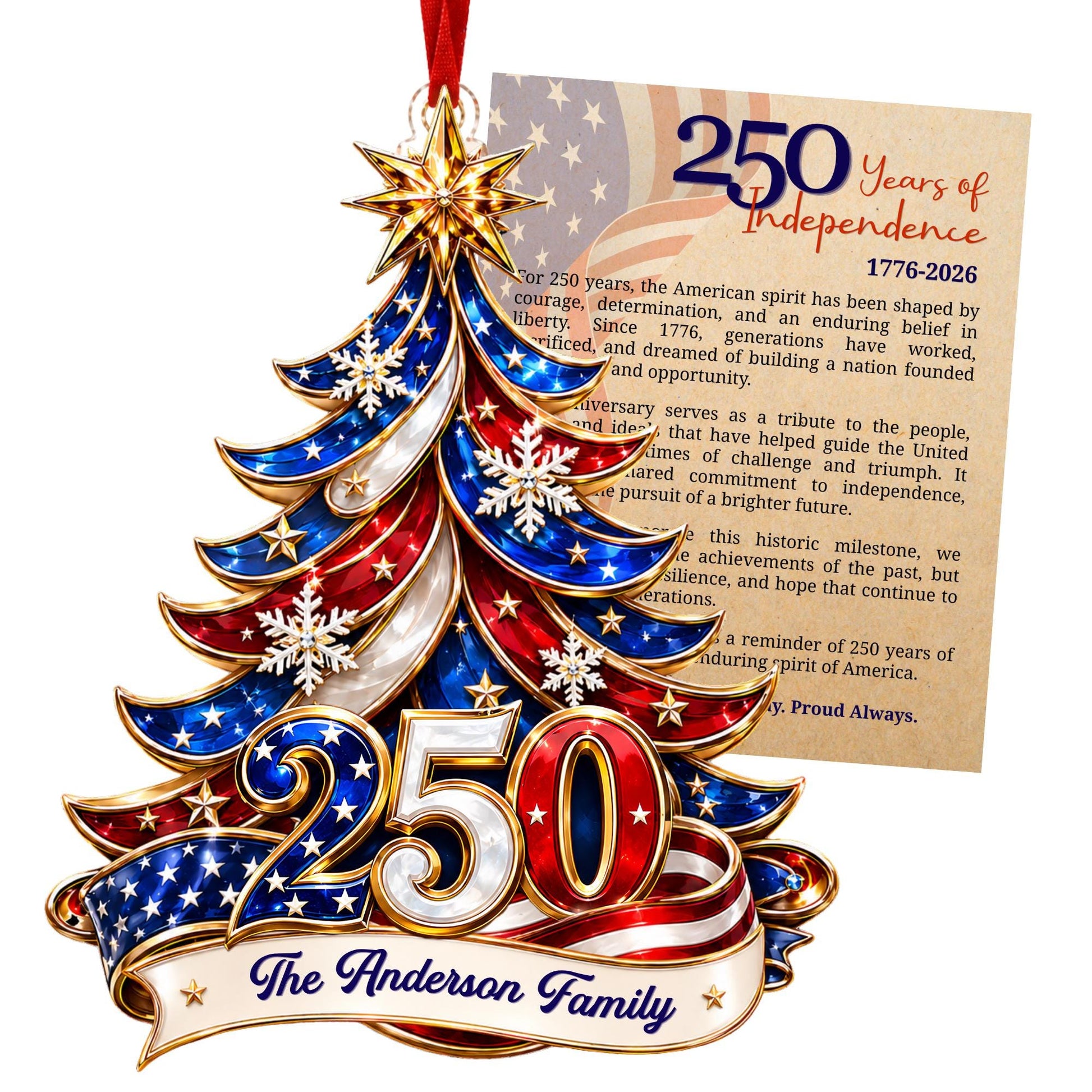 Personalized 250th America Christmas Ornament | Patriotic Family Ornament, USA Flag Ornament, Custom Family Name, Acrylic Christmas Decor - main product image