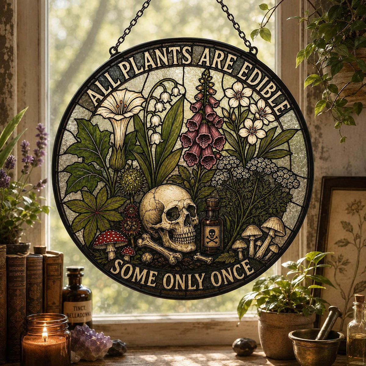 All Plants Are Edible Stained Glass Suncatcher | Funny Gothic Botanical Window Hanging | Dark Humor Plant Lover Gift | Mushroom Skull Decor - product image 2