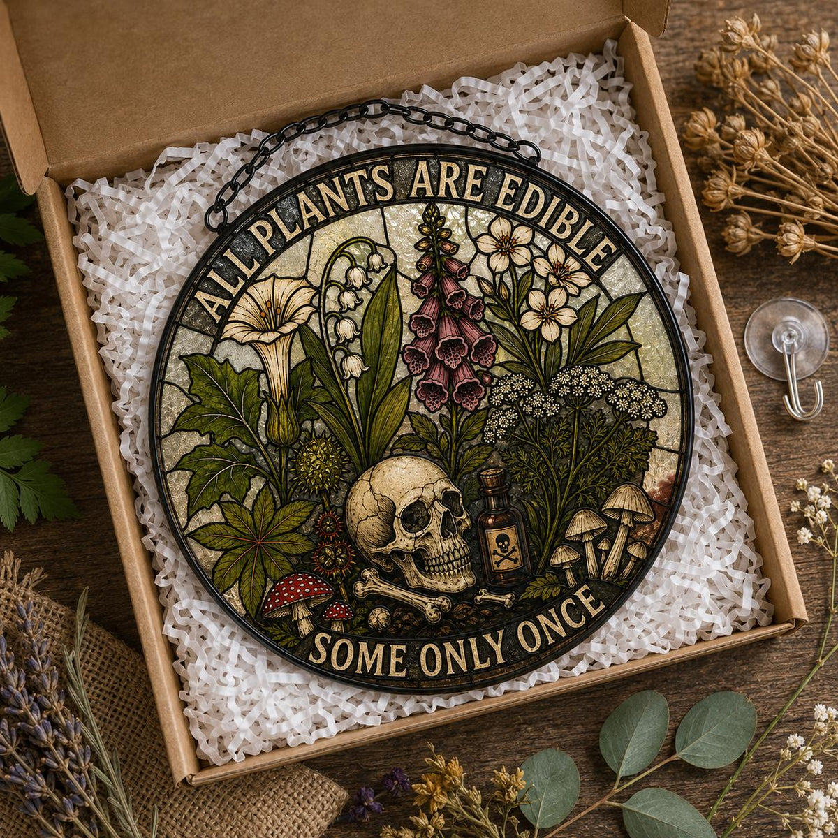 All Plants Are Edible Stained Glass Suncatcher | Funny Gothic Botanical Window Hanging | Dark Humor Plant Lover Gift | Mushroom Skull Decor - product image 5