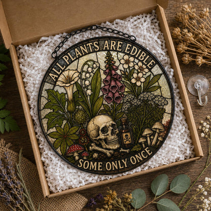 All Plants Are Edible Stained Glass Suncatcher | Funny Gothic Botanical Window Hanging | Dark Humor Plant Lover Gift | Mushroom Skull Decor - product image 5
