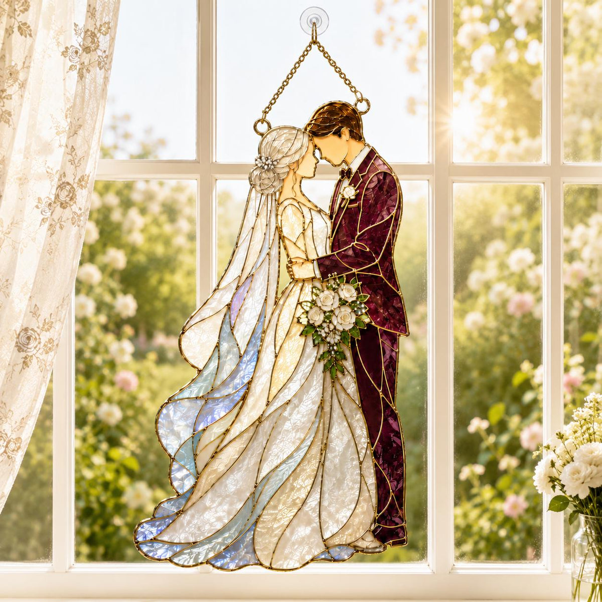 Personalized Wedding Couple Glass Suncatcher, Bride and Groom Window Hanging, Romantic Stained Glass Wedding Gift Decor - product image 3