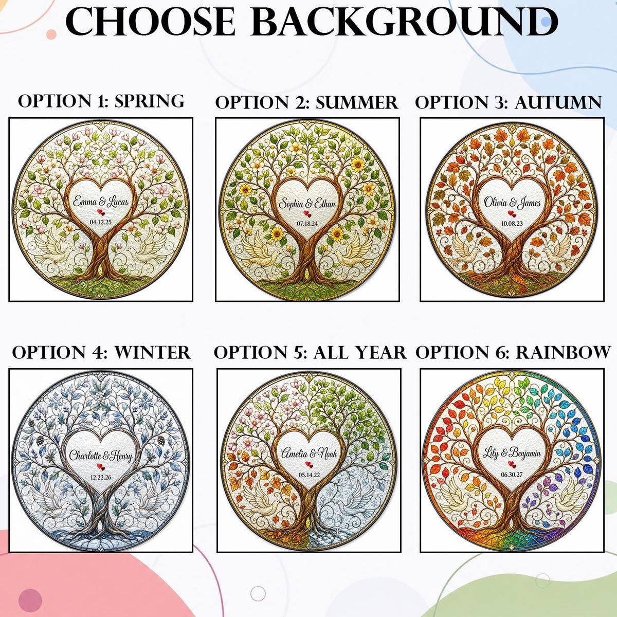 Personalized Wedding Anniversary Gift for Couple, Four Seasons Tree of Life Stained Glass Suncatcher, Custom Couple Window Hanging Keepsake - product image 2
