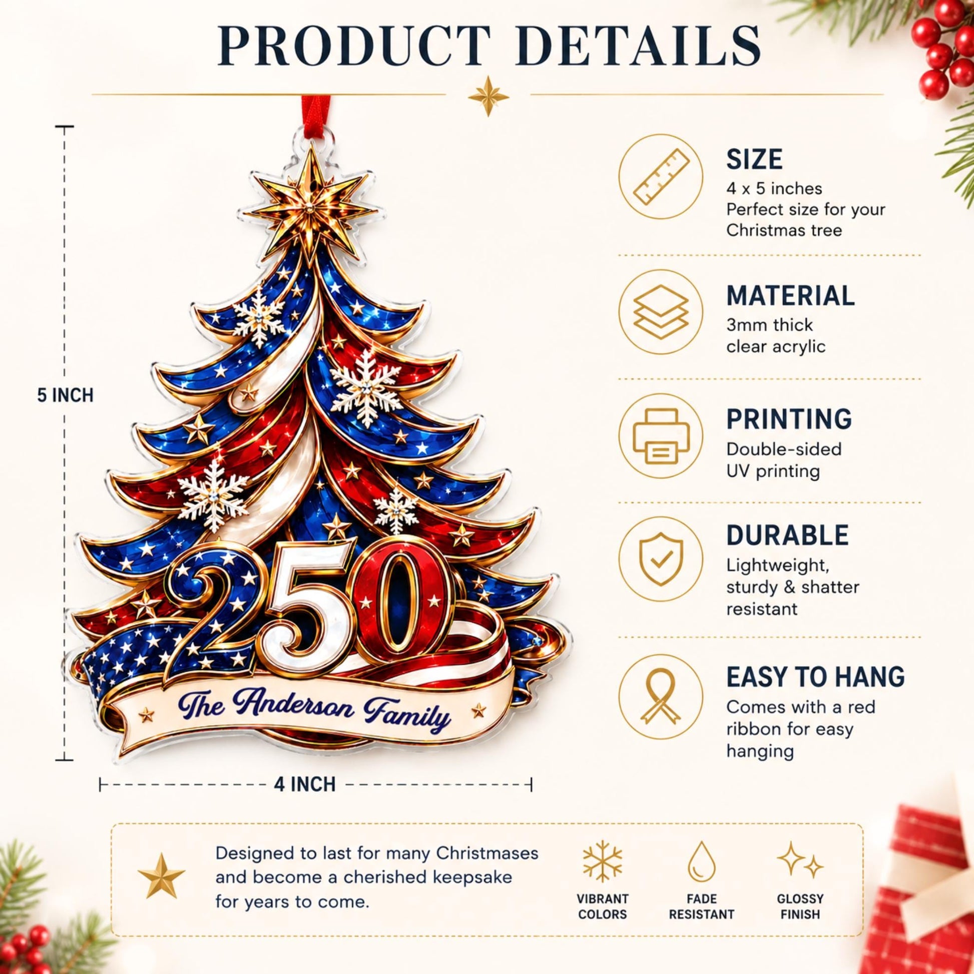 Personalized 250th America Christmas Ornament | Patriotic Family Ornament, USA Flag Ornament, Custom Family Name, Acrylic Christmas Decor - product image 5