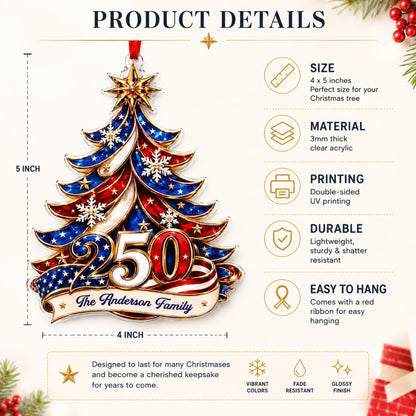 Personalized 250th America Christmas Ornament | Patriotic Family Ornament, USA Flag Ornament, Custom Family Name, Acrylic Christmas Decor - product image 5