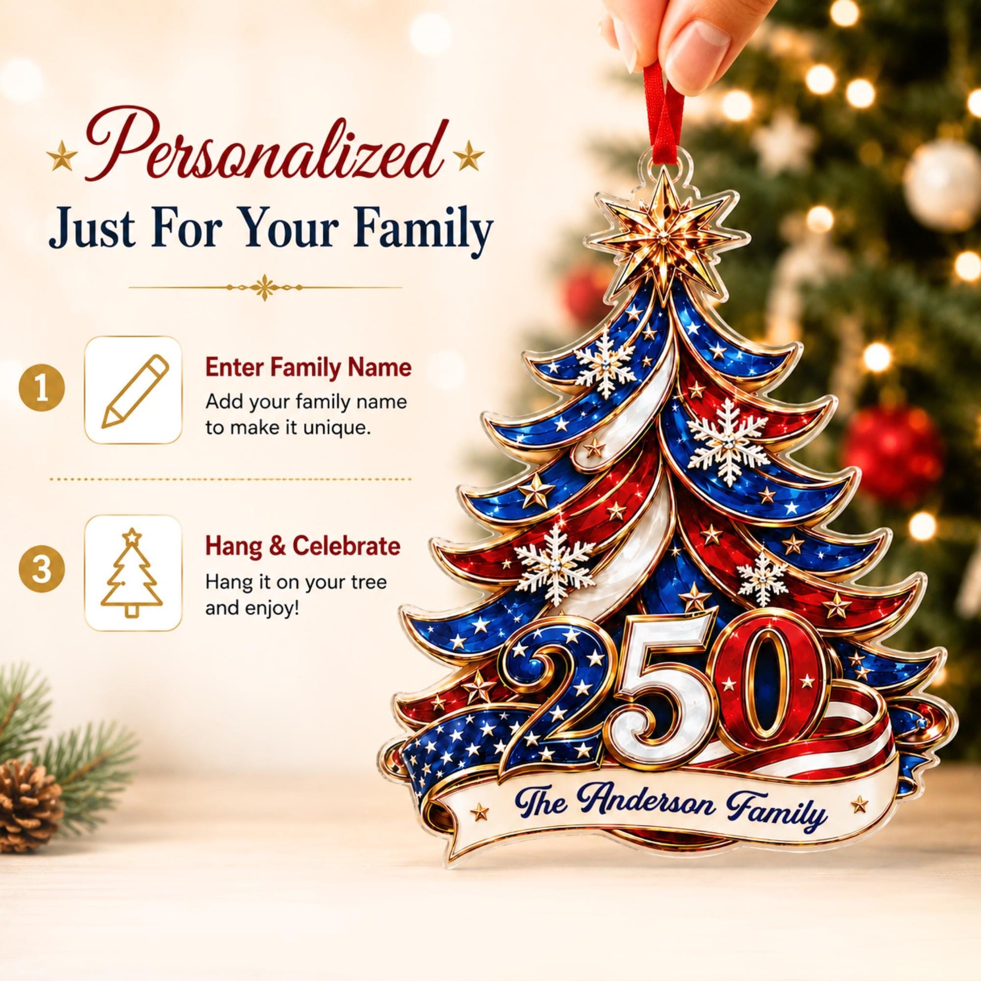 Personalized 250th America Christmas Ornament | Patriotic Family Ornament, USA Flag Ornament, Custom Family Name, Acrylic Christmas Decor - product image 7