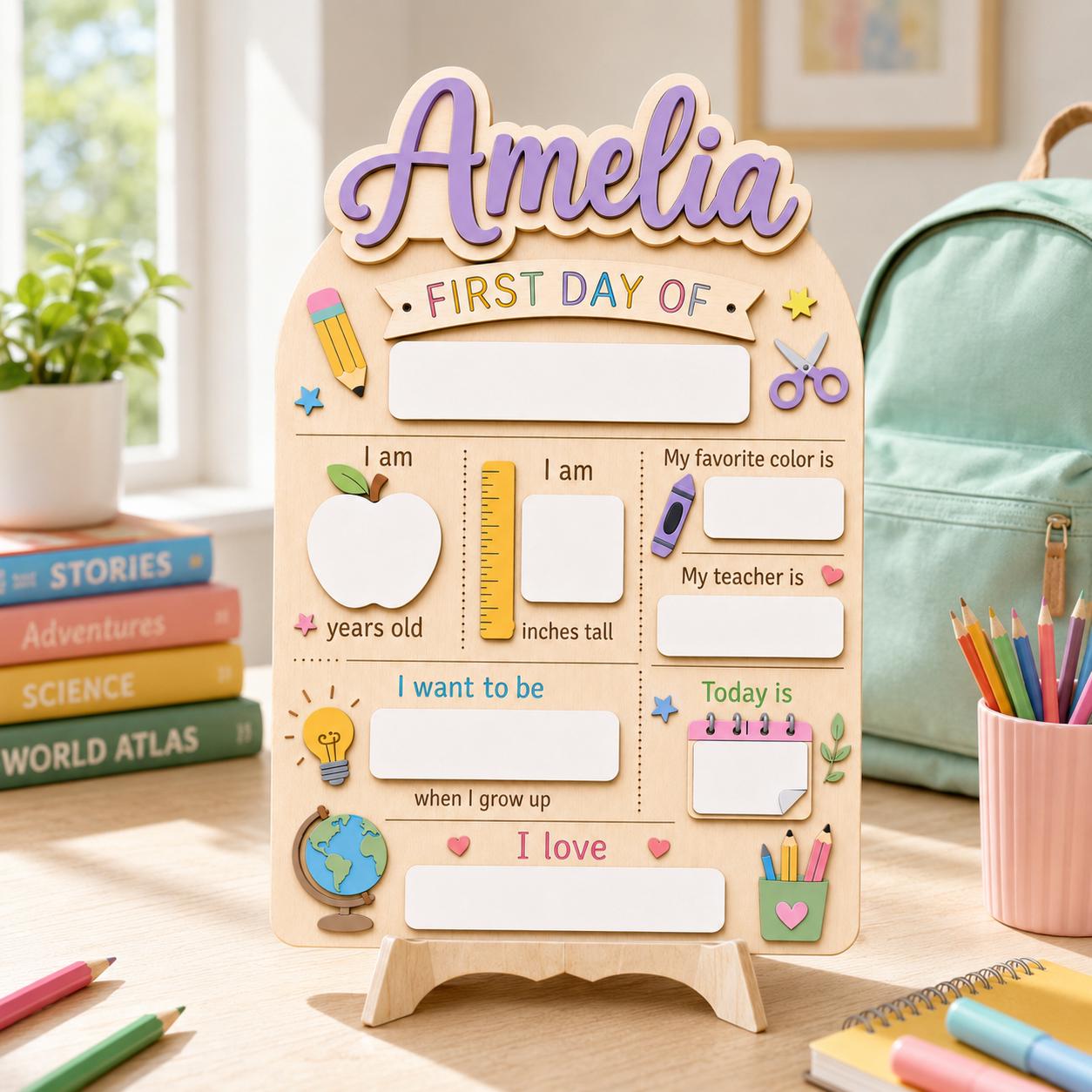 Personalised Pastel Rainbow First Day School Board: Reusable Back to School Wooden Acrylic Sign - product image 2
