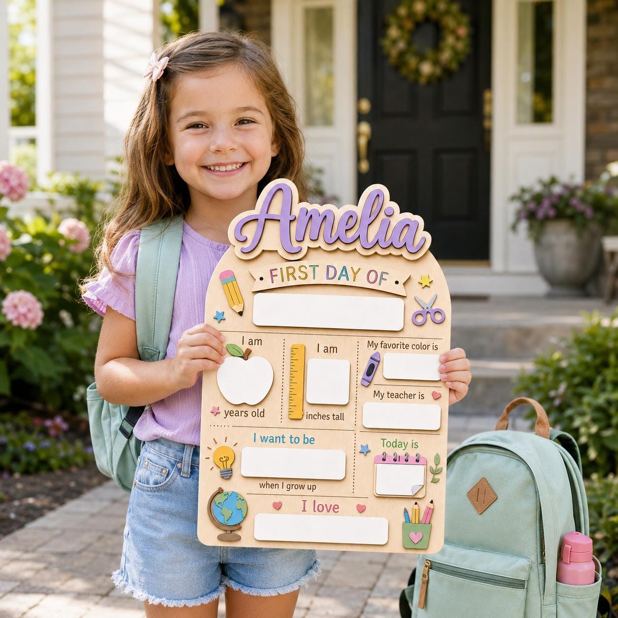 Personalised Pastel Rainbow First Day School Board: Reusable Back to School Wooden Acrylic Sign - main product image