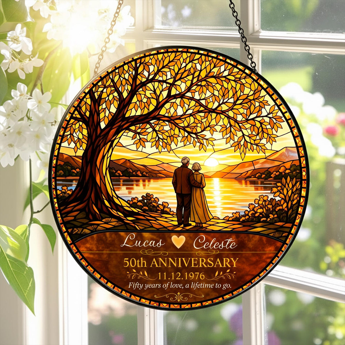 50th Anniversary Personalized Stained Glass Suncatcher, Custom Couple Name Golden Wedding Window Hanging, Unique Keepsake Gift - main product image