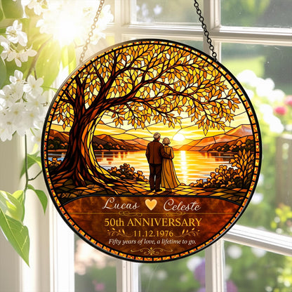 50th Anniversary Personalized Stained Glass Suncatcher, Custom Couple Name Golden Wedding Window Hanging, Unique Keepsake Gift - main product image