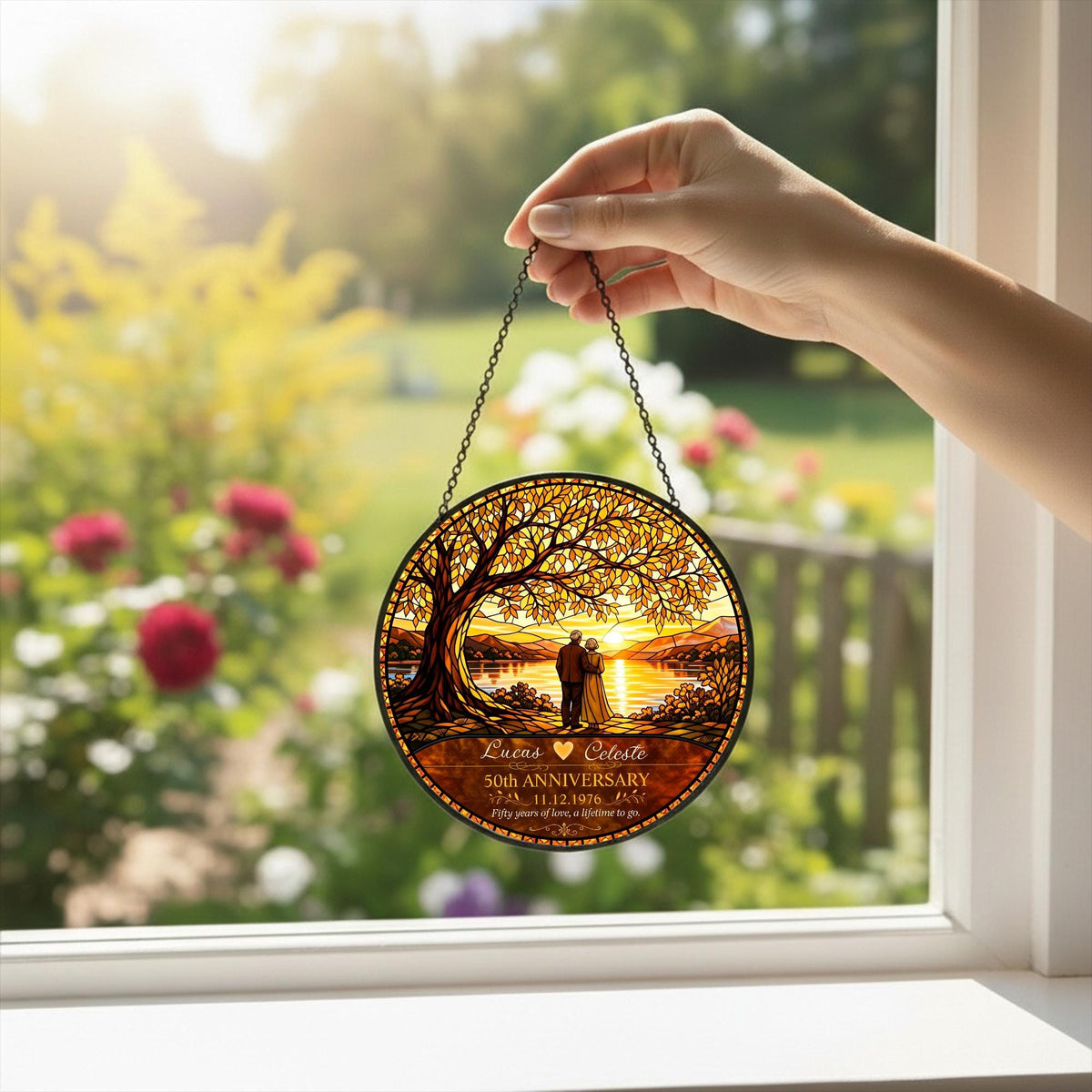 50th Anniversary Personalized Stained Glass Suncatcher, Custom Couple Name Golden Wedding Window Hanging, Unique Keepsake Gift - product image 3