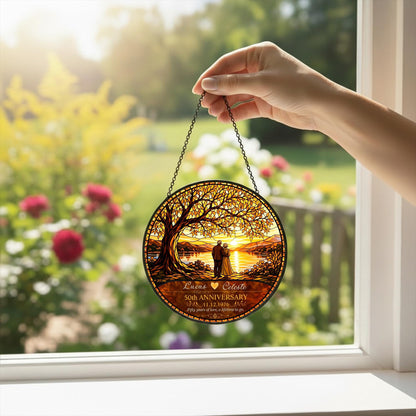 50th Anniversary Personalized Stained Glass Suncatcher, Custom Couple Name Golden Wedding Window Hanging, Unique Keepsake Gift - product image 3