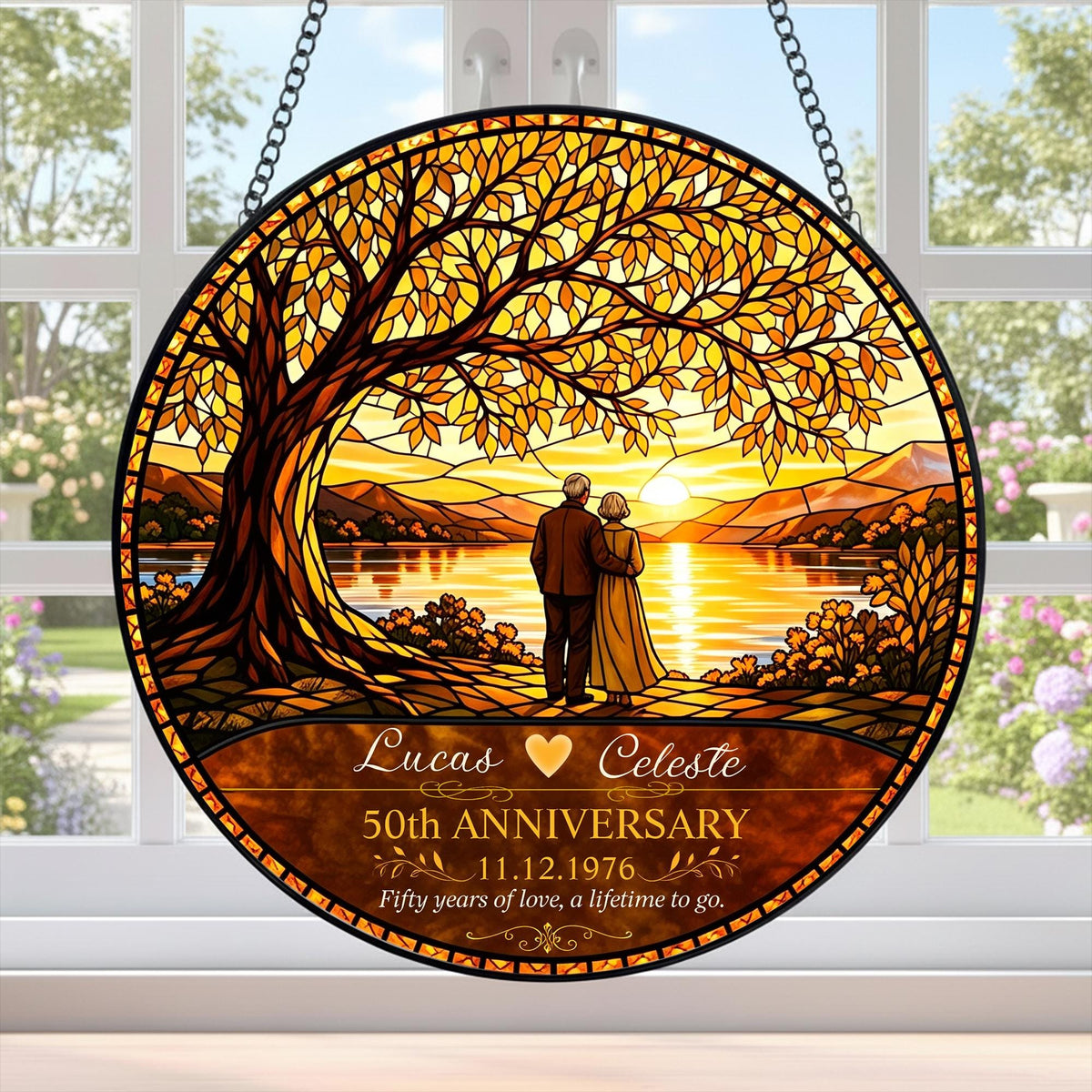 50th Anniversary Personalized Stained Glass Suncatcher, Custom Couple Name Golden Wedding Window Hanging, Unique Keepsake Gift - product image 4
