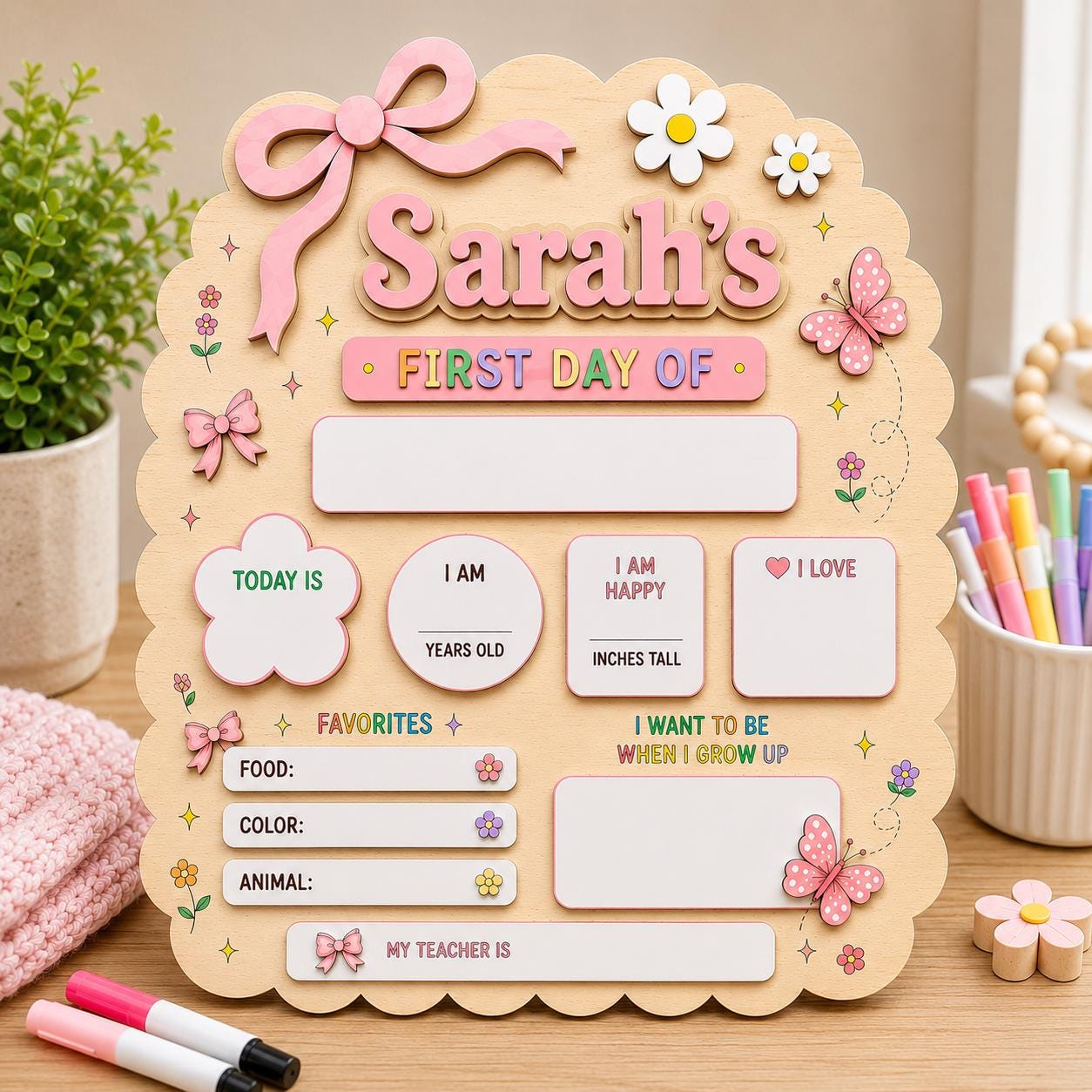 Personalized Interchangeable First & Last Day of School Sign, Butterfly School Milestone Board, Custom Wood Photo Prop, Back to School Board - main product image
