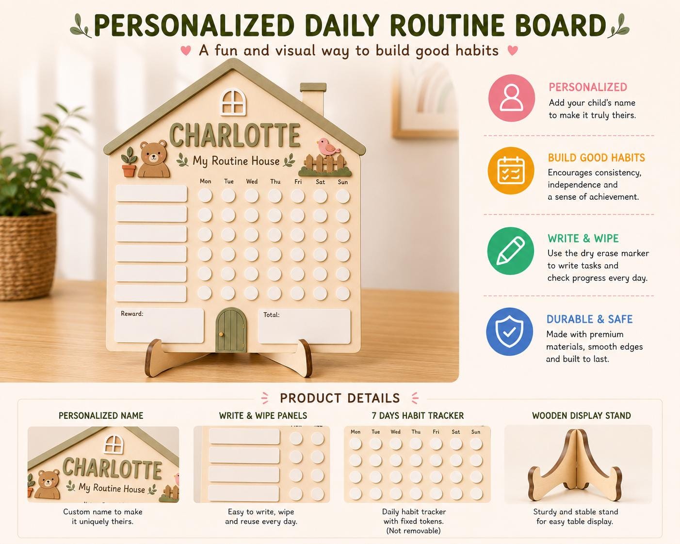 Personalized House Daily Routine Board | Montessori Chore Chart for Kids | Custom Name Habit Tracker | Reusable Task Board - product image 6