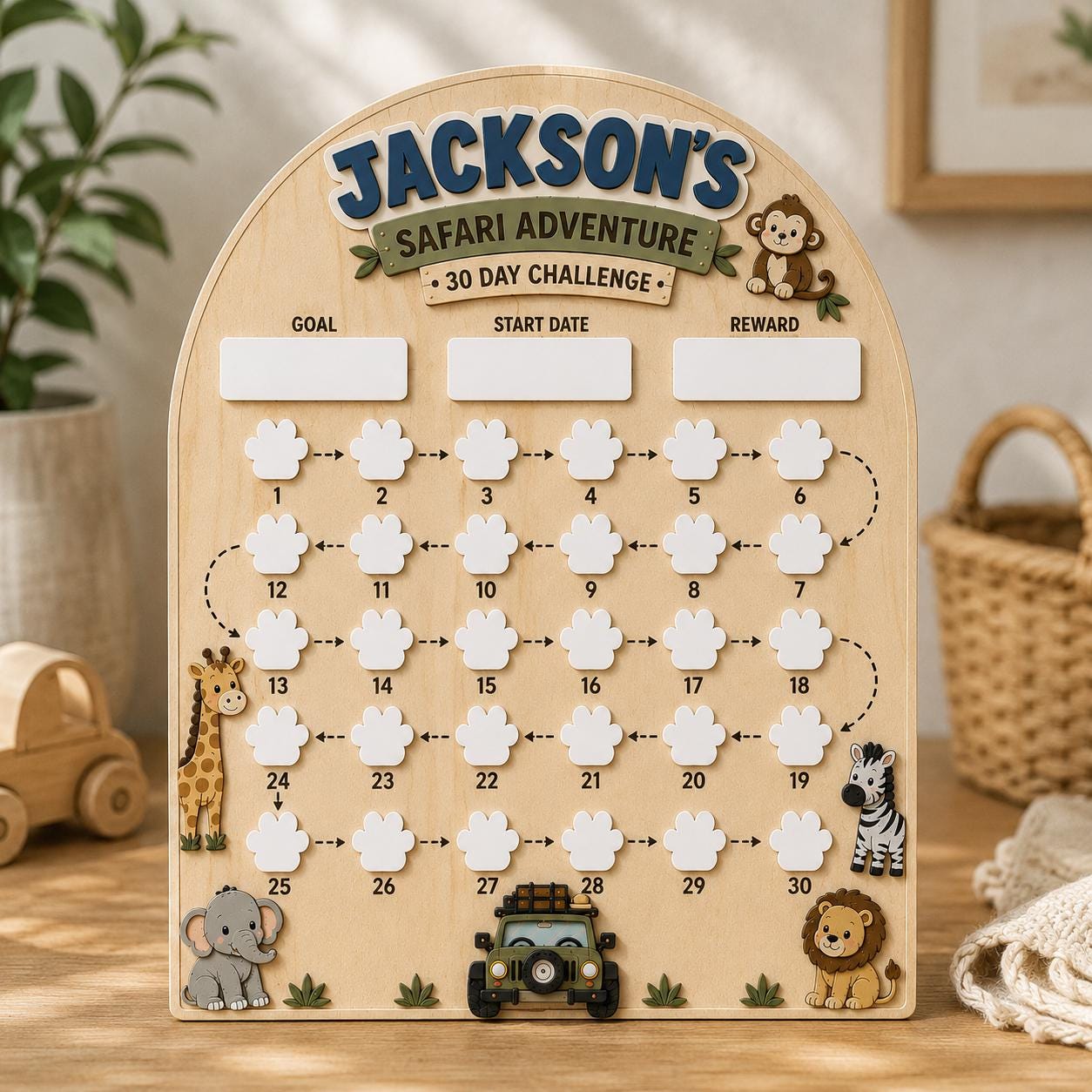 Personalized 30 Day Challenge Board for Kids, Safari Reward Chart, Habit Tracker with Dry Erase Paw Prints, Custom Name Wooden Board - product image 3