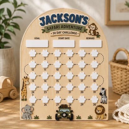 Personalized 30 Day Challenge Board for Kids, Safari Reward Chart, Habit Tracker with Dry Erase Paw Prints, Custom Name Wooden Board - product image 3