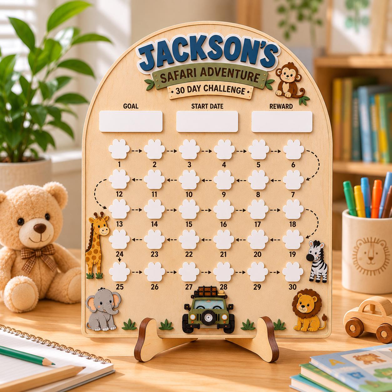 Personalized 30 Day Challenge Board for Kids, Safari Reward Chart, Habit Tracker with Dry Erase Paw Prints, Custom Name Wooden Board - product image 4