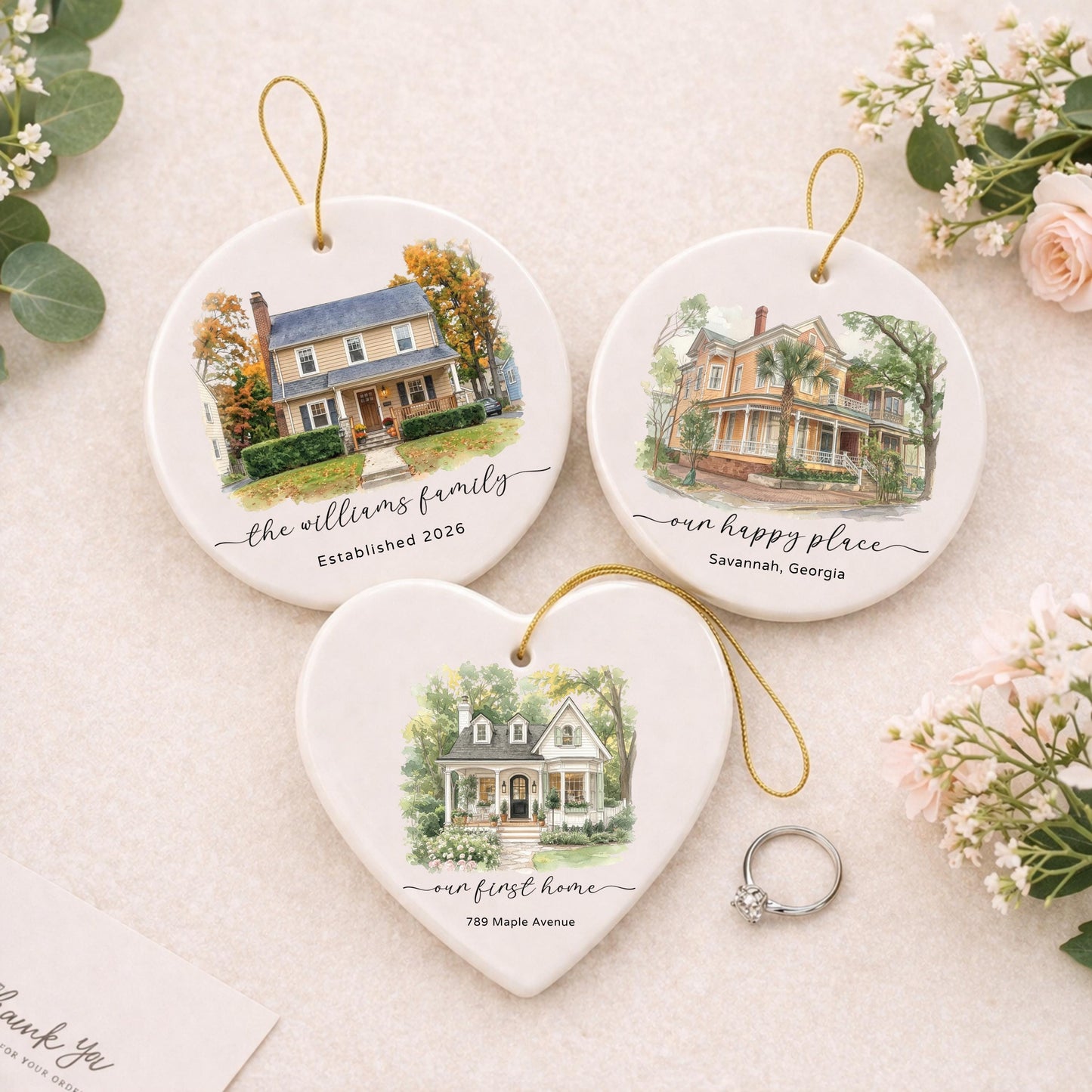 Custom Watercolor New Home Ornament l Personalized House Address Keepsake l Newly Wed Gift - main product image