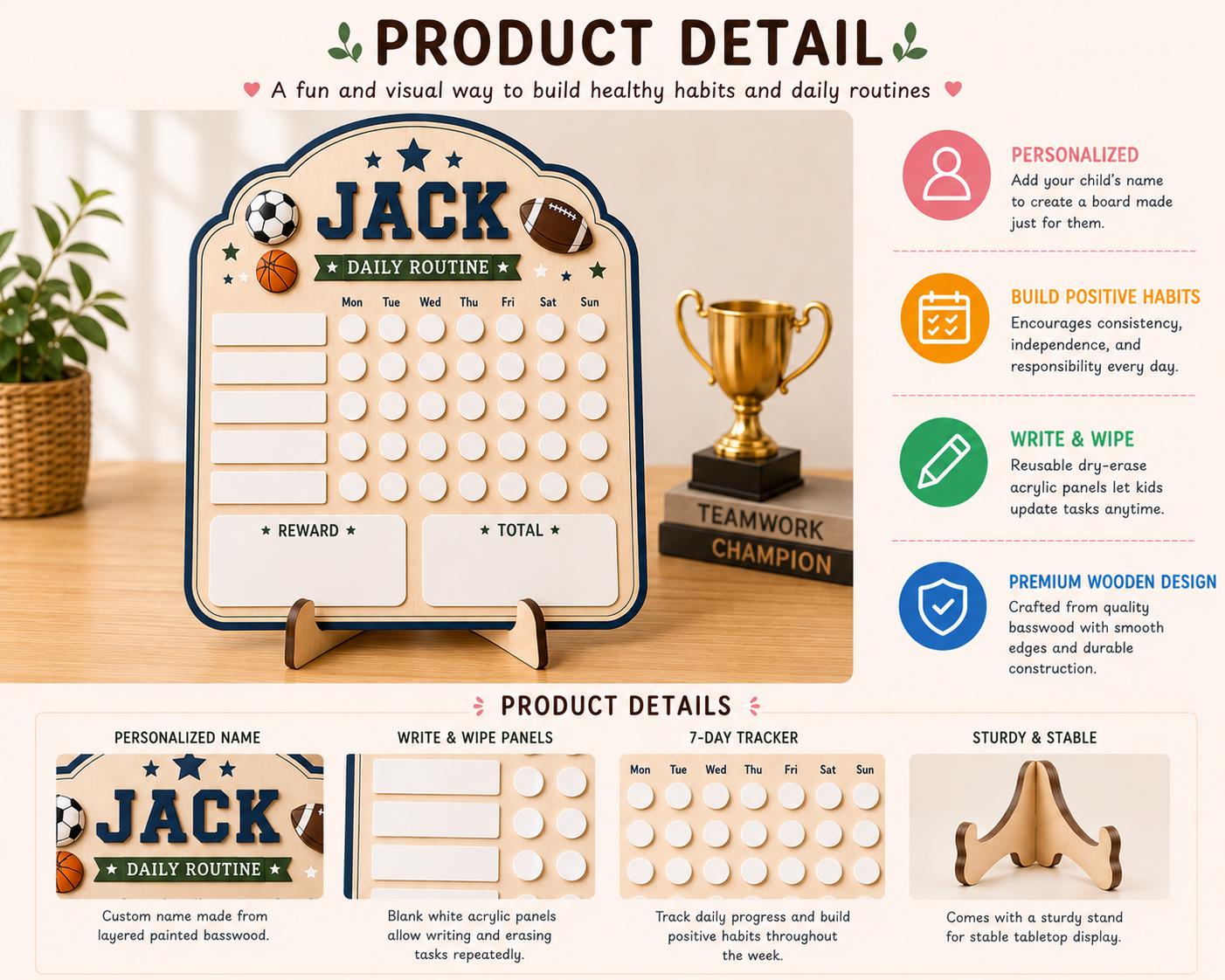 Personalized Sports Chore Chart for Kids | Dry Erase Routine Board | Custom Reward Chart | Wooden Daily Responsibility Tracker - product image 5