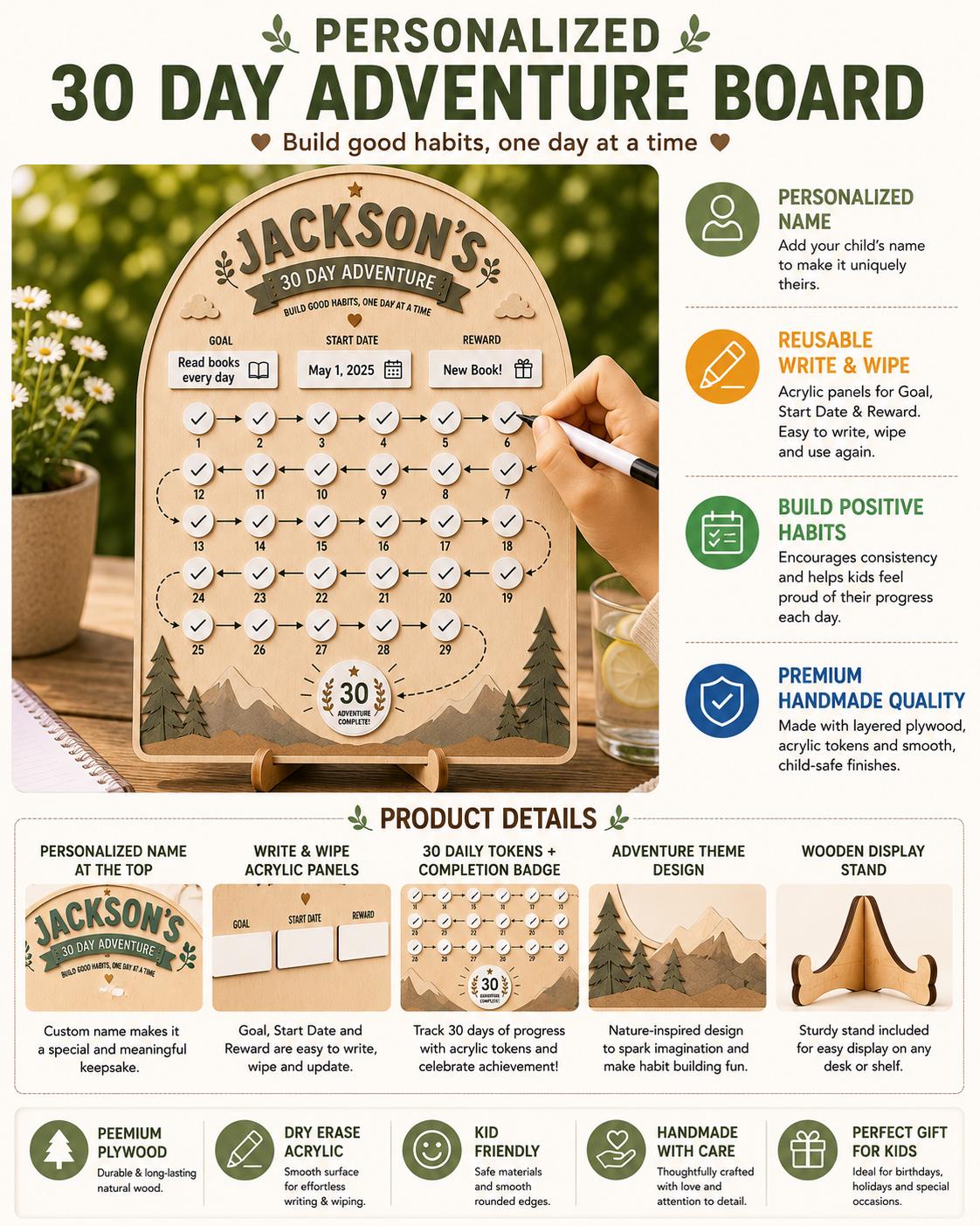 Personalized Habit Tracker for Kids | 30 Day Reward Board | Custom Wooden Routine Chart | Dry Erase Goal Tracker | Montessori Learning Gift - product image 5