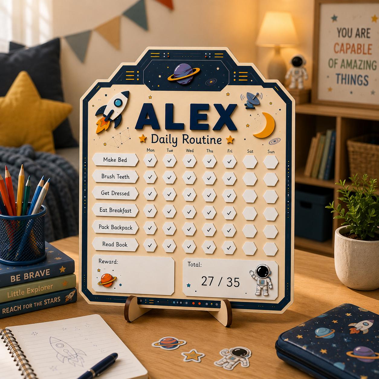 Personalized Daily Routine Chart for Kids | Montessori Chore Chart | Custom Name Habit Tracker | Dry Erase Reward Board, Space Daily Routine - main product image