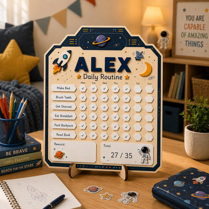 Personalized Daily Routine Chart for Kids | Montessori Chore Chart | Custom Name Habit Tracker | Dry Erase Reward Board, Space Daily Routine - main product image