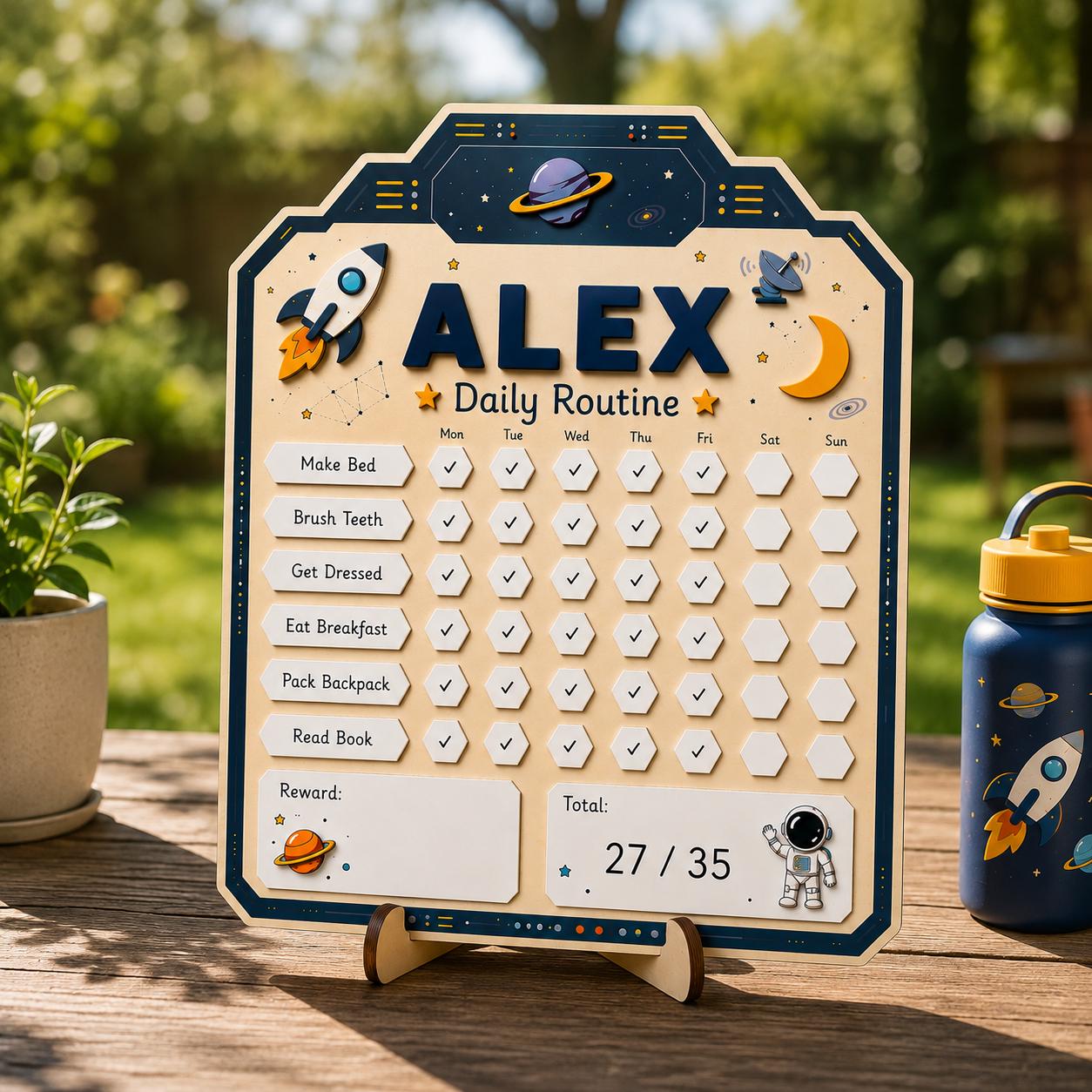 Personalized Daily Routine Chart for Kids | Montessori Chore Chart | Custom Name Habit Tracker | Dry Erase Reward Board, Space Daily Routine - product image 2