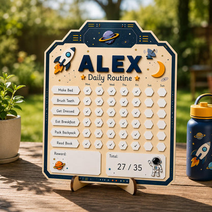 Personalized Daily Routine Chart for Kids | Montessori Chore Chart | Custom Name Habit Tracker | Dry Erase Reward Board, Space Daily Routine - product image 2