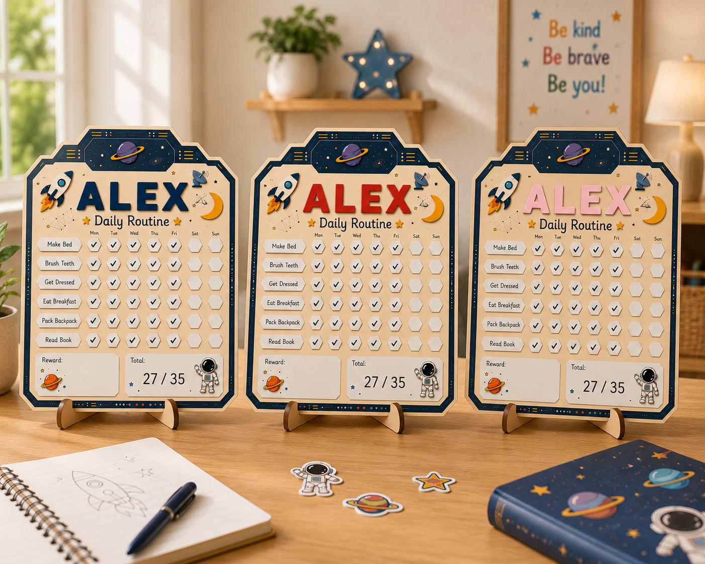 Personalized Daily Routine Chart for Kids | Montessori Chore Chart | Custom Name Habit Tracker | Dry Erase Reward Board, Space Daily Routine - product image 5