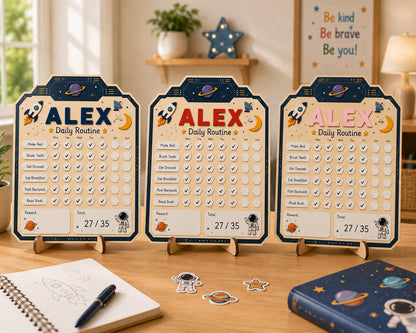 Personalized Daily Routine Chart for Kids | Montessori Chore Chart | Custom Name Habit Tracker | Dry Erase Reward Board, Space Daily Routine - product image 5