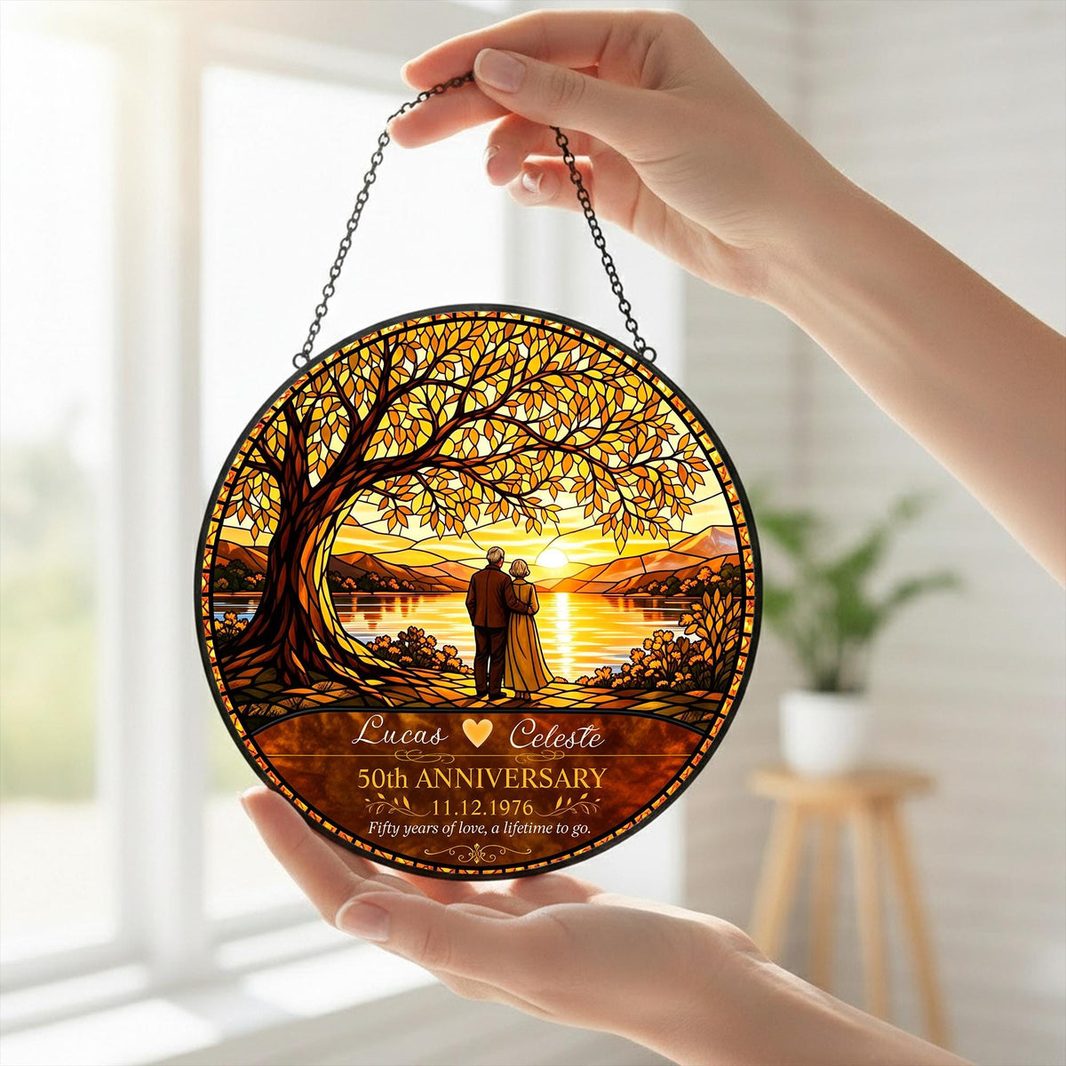 50th Anniversary Personalized Stained Glass Suncatcher, Custom Couple Name Golden Wedding Window Hanging, Unique Keepsake Gift - product image 2