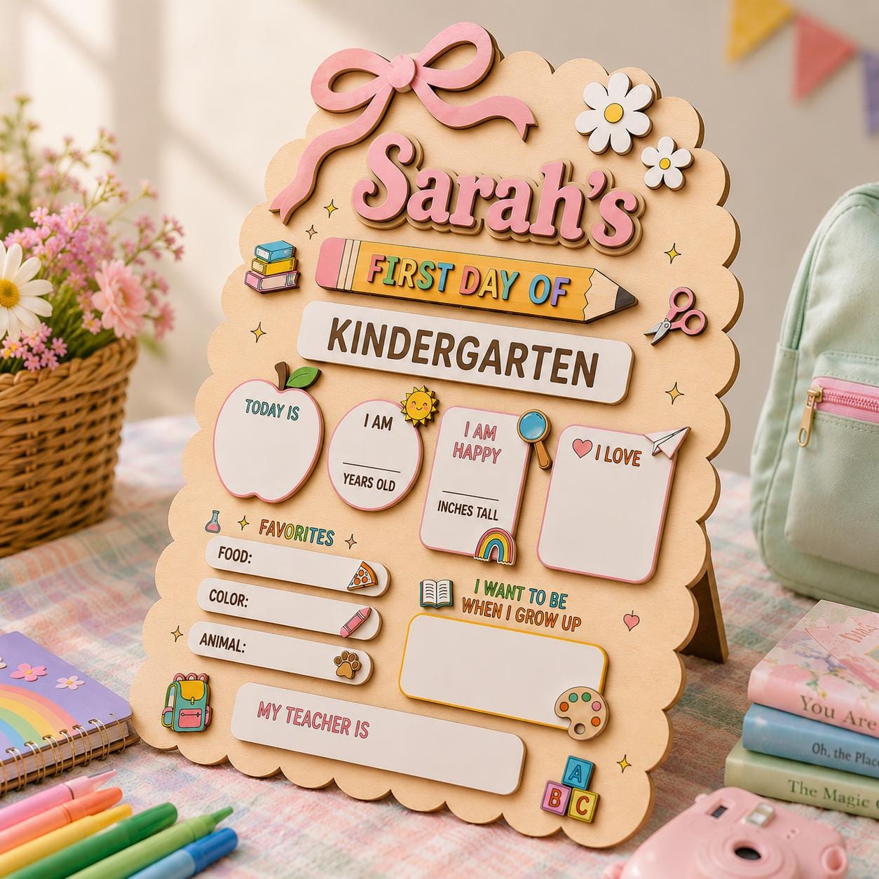 Personalized First Day of School Sign, Custom Kindergarten Milestone Board, Dry Erase School Sign, Back to School Gift for Kids - main product image