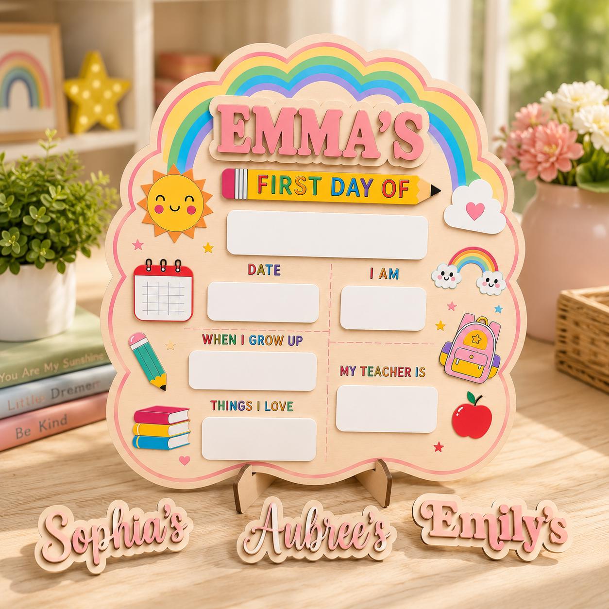 Personalized First Day of School Sign, Rainbow Back to School Board, Custom Name Milestone Sign, Preschool Kindergarten Photo Prop - main product image