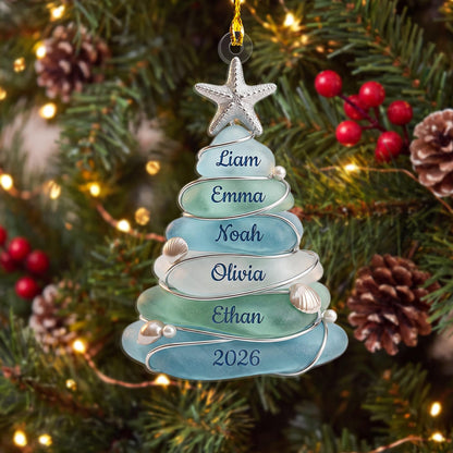 Custom Sea Glass Tree Ornament, Beach Family Christmas Decor, Personalized Coastal Keepsake, Grandkids Gift Up To 13 Names, 2026 Holiday - product image 2