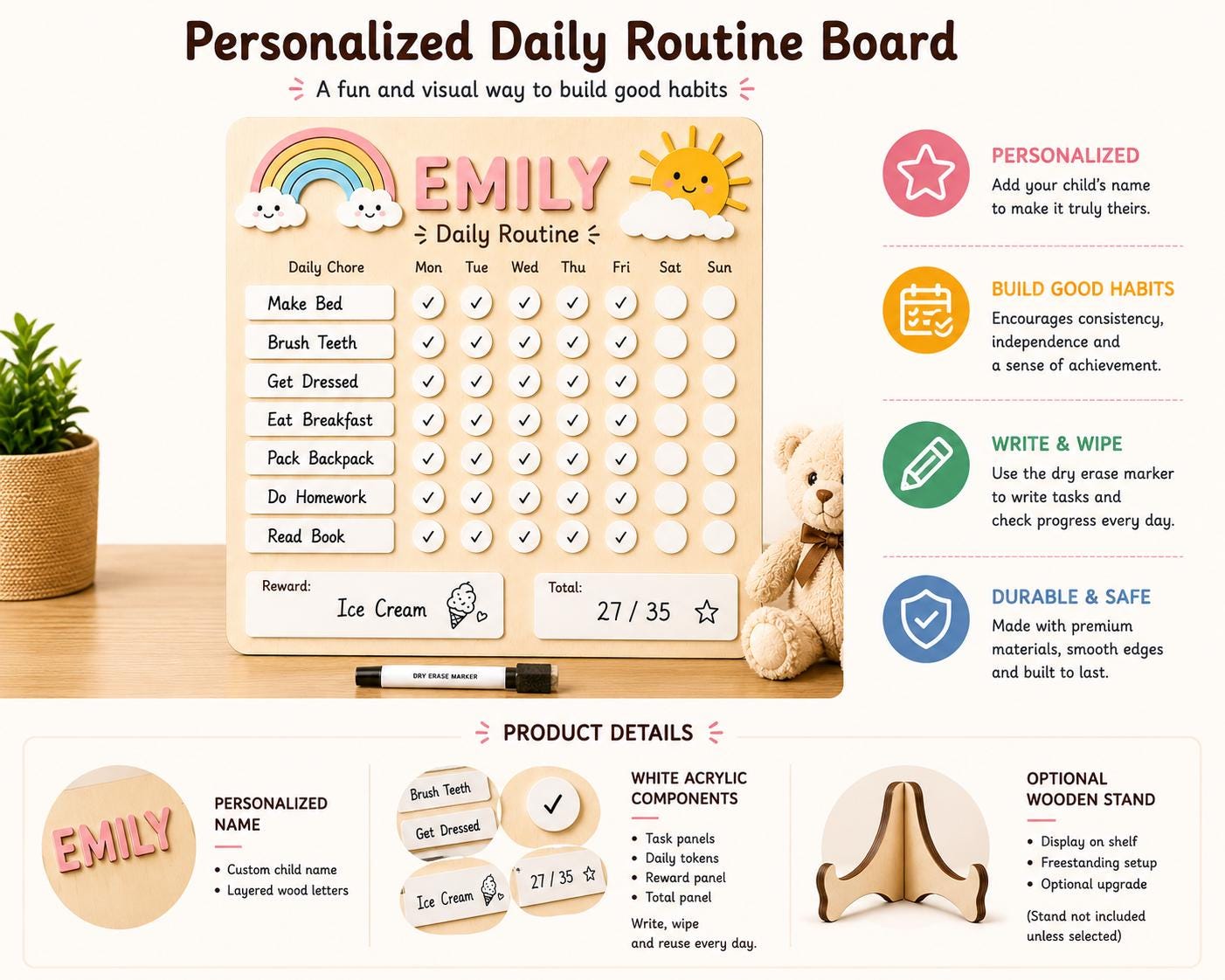 Personalized Chore Chart for Kid, Montessori Daily Routine Board, Dry Erase Reward Chart,Custom Name Responsibility Tracker, Kid Habit Chart - product image 4
