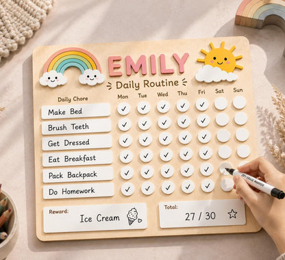 Personalized Chore Chart for Kid, Montessori Daily Routine Board, Dry Erase Reward Chart,Custom Name Responsibility Tracker, Kid Habit Chart - main product image