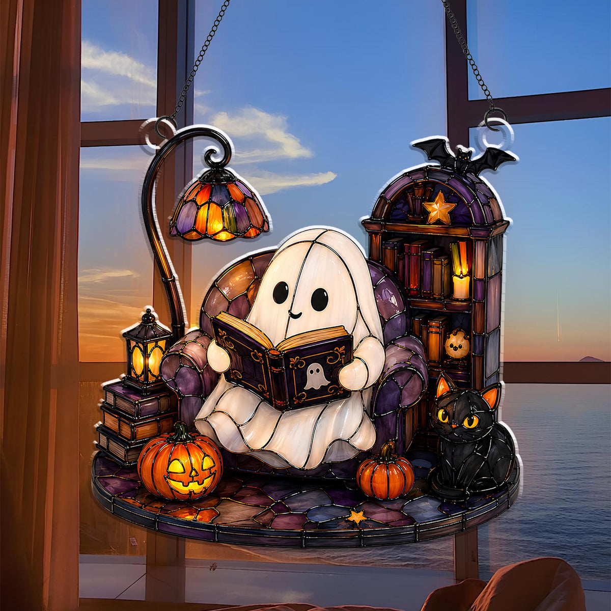 Cute Ghost Reading Book Acrylic Ornament,Halloween Window Hanging,Cat Lover Gift,Book Lover Gift,Halloween Bookish Gift,Halloween Home Decor - product image 4