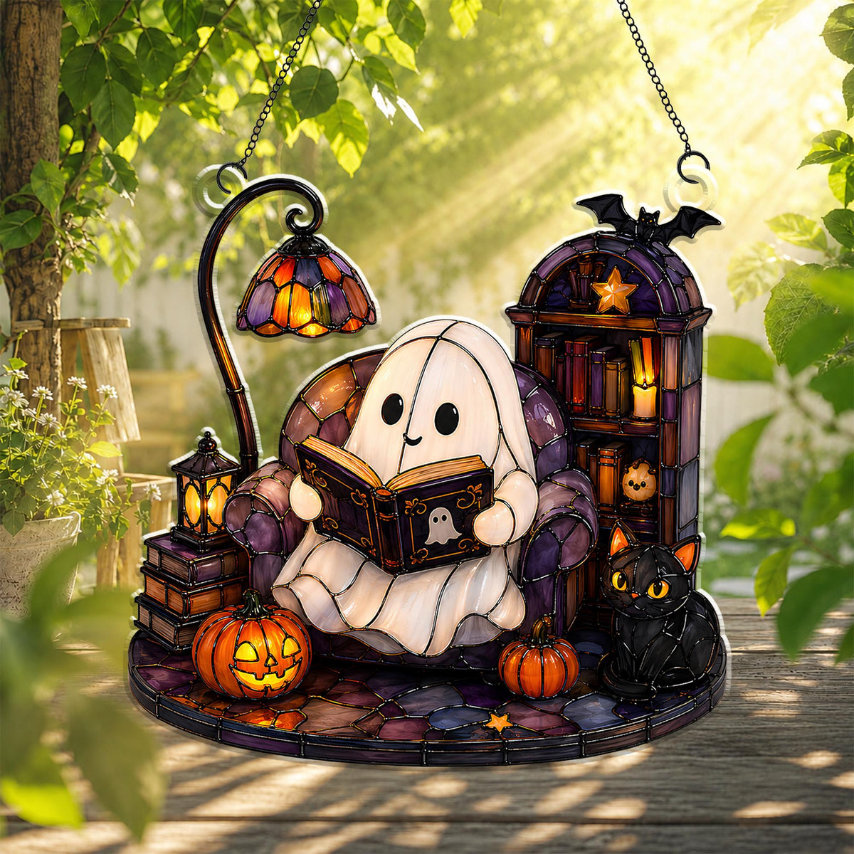 Cute Ghost Reading Book Acrylic Ornament,Halloween Window Hanging,Cat Lover Gift,Book Lover Gift,Halloween Bookish Gift,Halloween Home Decor - product image 6