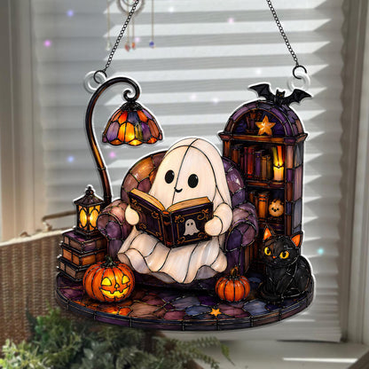 Cute Ghost Reading Book Acrylic Ornament,Halloween Window Hanging,Cat Lover Gift,Book Lover Gift,Halloween Bookish Gift,Halloween Home Decor - product image 3