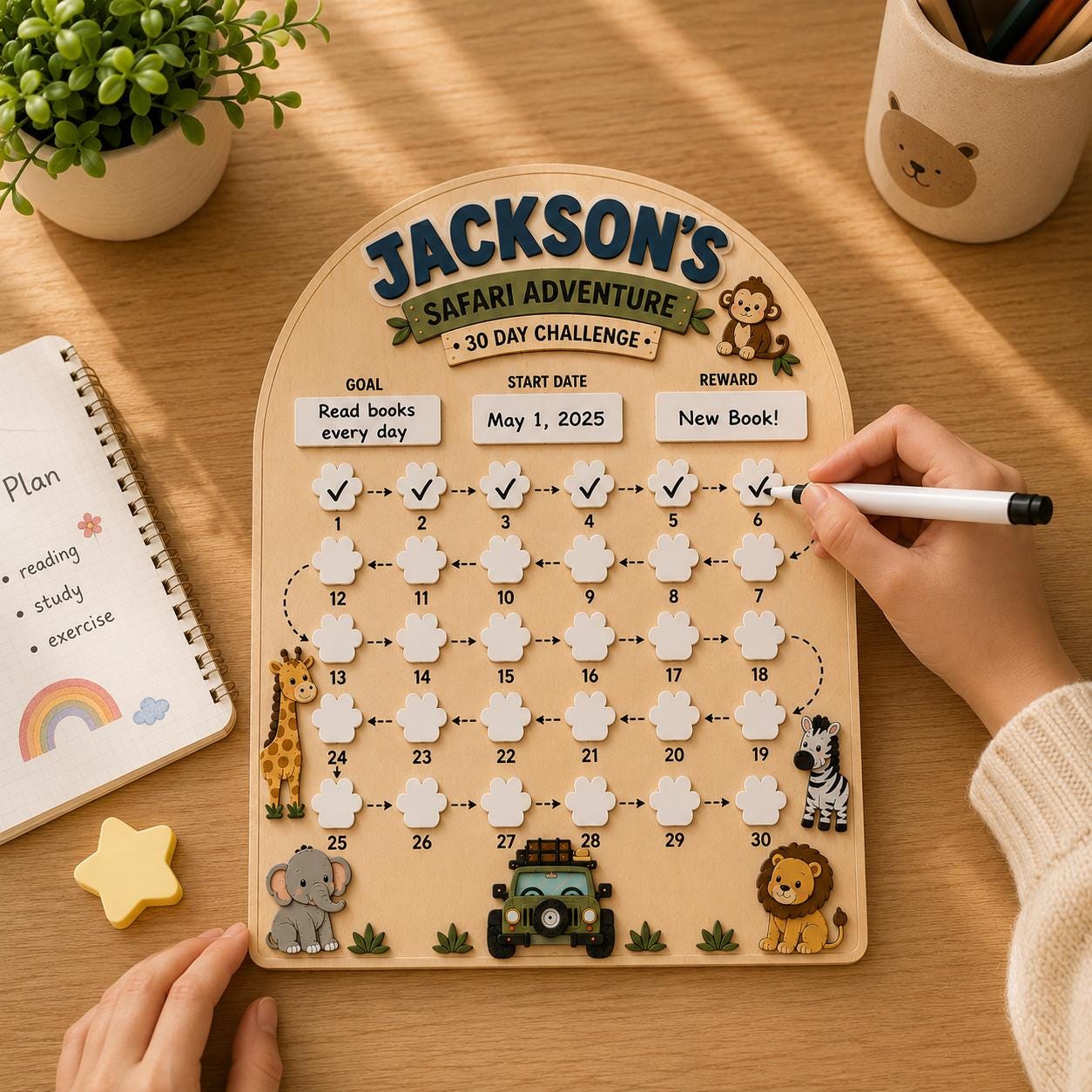 Personalized 30 Day Challenge Board for Kids, Safari Reward Chart, Habit Tracker with Dry Erase Paw Prints, Custom Name Wooden Board - main product image