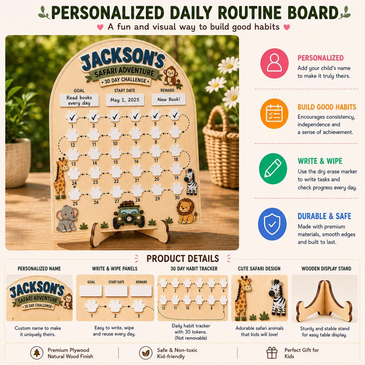 Personalized 30 Day Challenge Board for Kids, Safari Reward Chart, Habit Tracker with Dry Erase Paw Prints, Custom Name Wooden Board - product image 5
