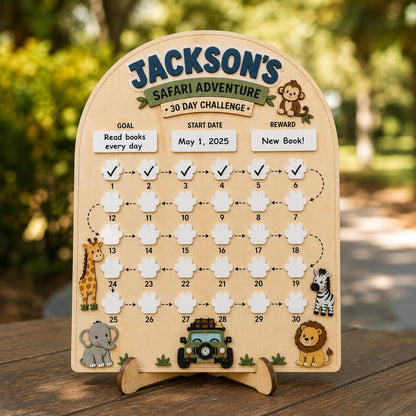 Personalized 30 Day Challenge Board for Kids, Safari Reward Chart, Habit Tracker with Dry Erase Paw Prints, Custom Name Wooden Board - product image 2