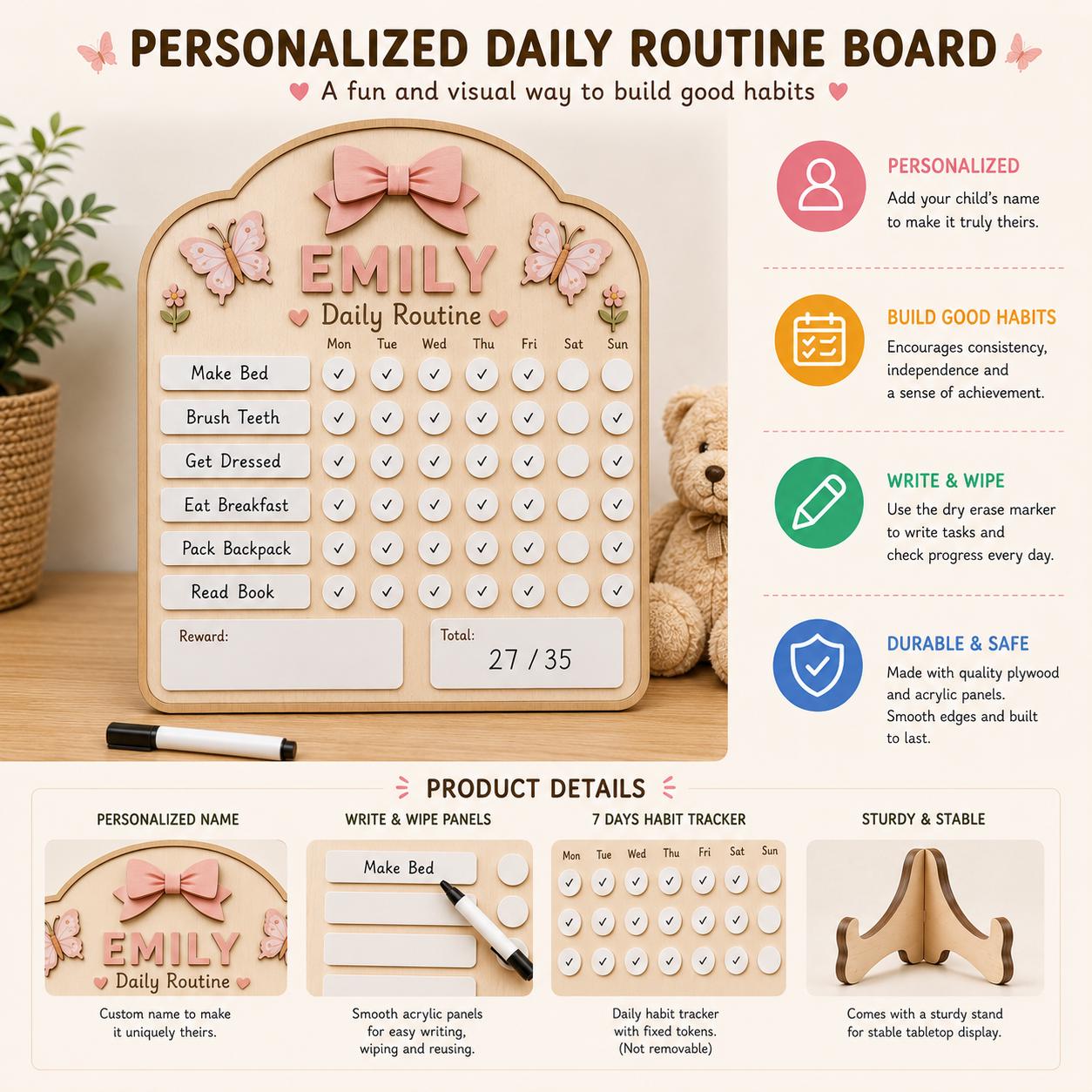 Personalized Daily Routine Board for Kids | Montessori Chore Chart | Custom Name Habit Tracker | Dry Erase Reward Board - product image 5